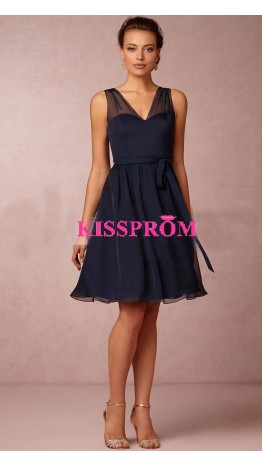 Elegant V-neck Short Dark Navy Bridesmaid Dresses KSP371