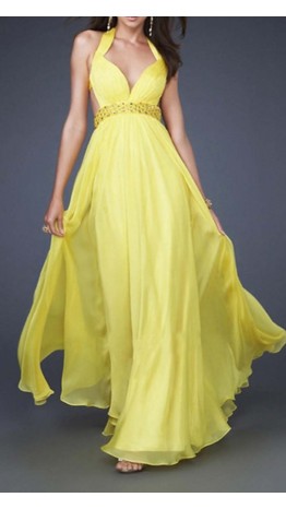 Flowing Yellow Halter Backless Long Prom Dresses KSP377