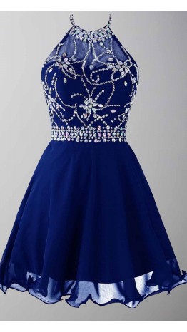Short Blue Prom Dresses Jeweled Sheer Halter KSP439