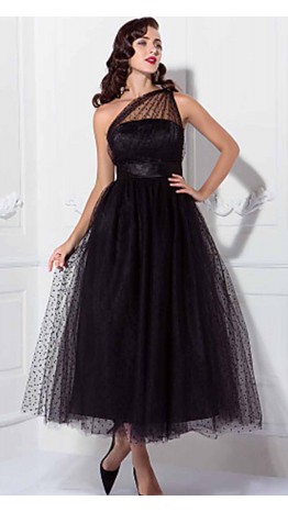 1950S Celebrity Tea Length Black Dotted Lace Prom Dresses KSP445