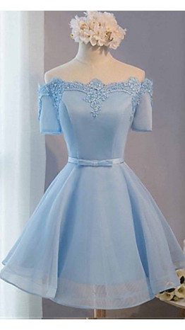 Cute Blue Off Shoulder Short Prom Dress Short Sleeves KSP446