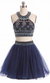 Beading Halter Straps Two-pieces Short Blue Prom Dress KSP450