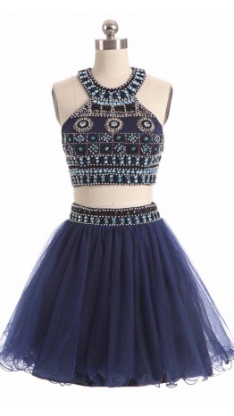 Beading Halter Straps Two-pieces Short Blue Prom Dress KSP450