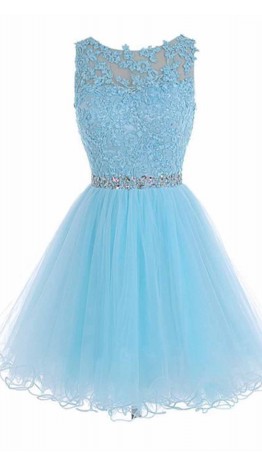 Sky Blue High Illusion Short Lace Prom Dresses KSP455