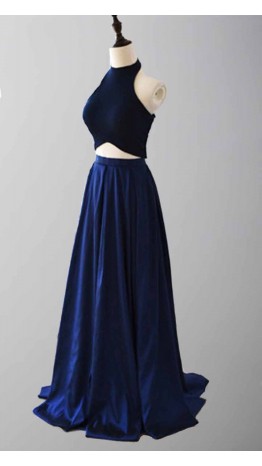 Halter Blue Colors Two Pieces Prom Dresses Long KSP462