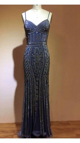 Glitter Spaghett Fitted Blue Long Sheath Formal Dresses KSP467