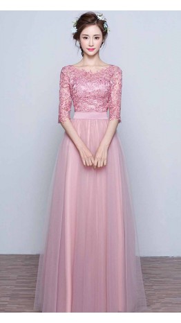 Pink Applique Bateau Half Sleeves Prom Dresses Long KSP473