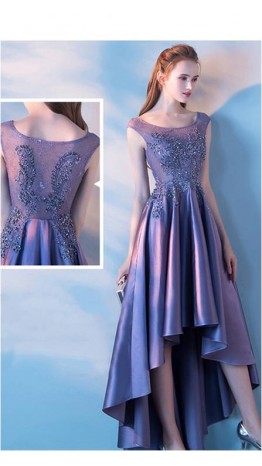 Applique Lace High Low Purple Prom Dresses Scoop Neck KSP481