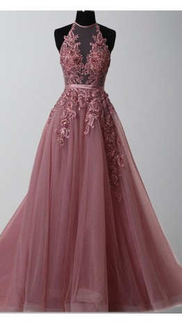 Halter Illusion Embellishment Long Prom Gowns KSP493