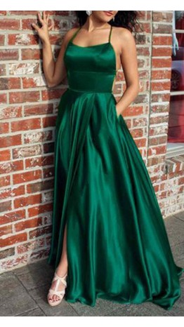 Green Strappy Long Prom Dresses Slit with Pocket KSP496