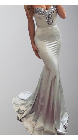 Light Grey Satin Mermaid Evening Prom Dresses KSP499