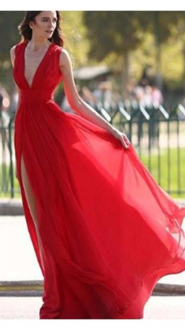 Flowy Long Red Plunge V-neck Slit Prom Dresses UK KSP506