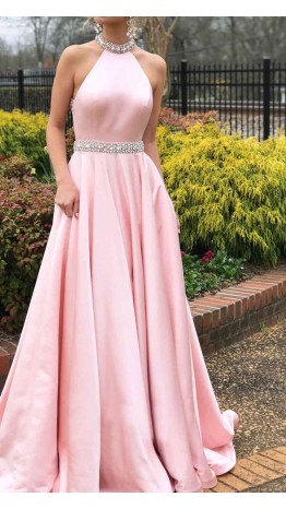 Embellishment Halter Light Pink Satin Puffy Prom Dresses KSP511