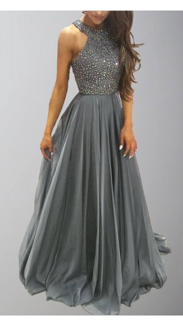 Grey Halter Beaded Girls Prom Dresses Long Y Shape Back KSP513