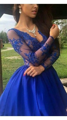Prom Dresses Long Sleeve Blue Lace Knee Length KSP516