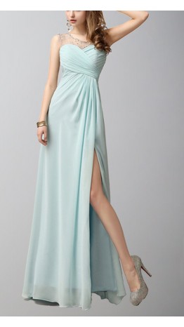 Long Light Blue One Shoulder Sequin Prom Dresses Slit KSP520
