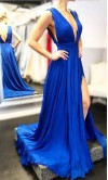 Deep V-neck Long Blue Prom Dresses Sexy Prom Maxi Dresses KSP528