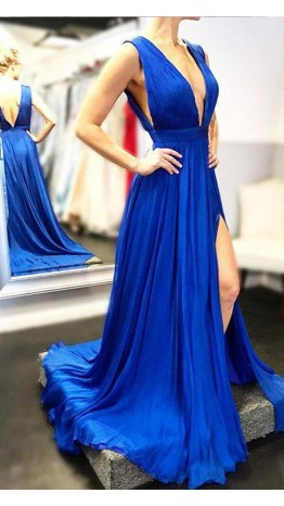 Deep V-neck Long Blue Prom Dresses Sexy Prom Maxi Dresses KSP528