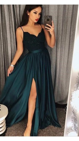 Green Lace Spaghetti Strap Prom Dresses Long KSP533