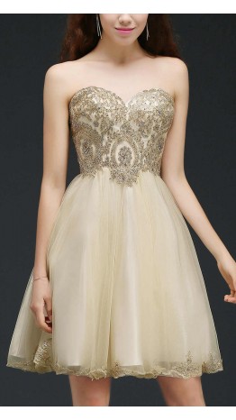 Embroidery Applique Rhinestone Short Tulle Prom Dresses KSP535