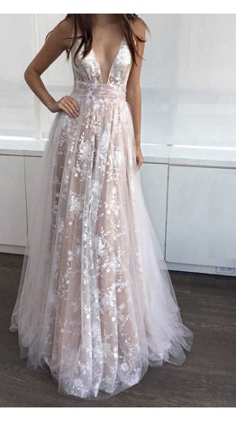 Long V-neck Prom Dress with Flower Applique Embellishment KSP540