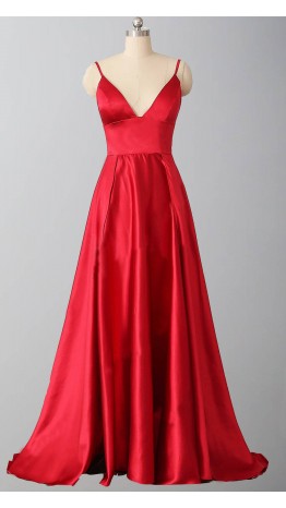Long Red Satin Prom Dresses With Spaghetti Straps KSP542