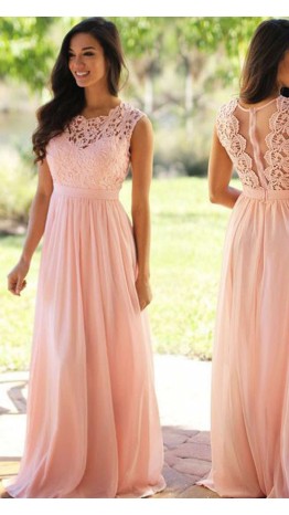 Pink Lace Long Bridesmaid Dresses with Sheer Jewel neckline KSP560
