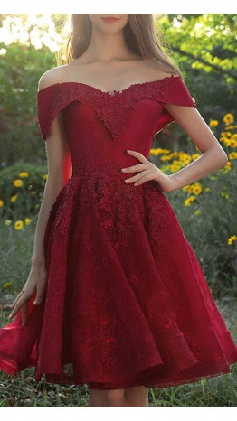 Red Lace Off Shoulder Short Prom Dresses Lace Up Back KSP574