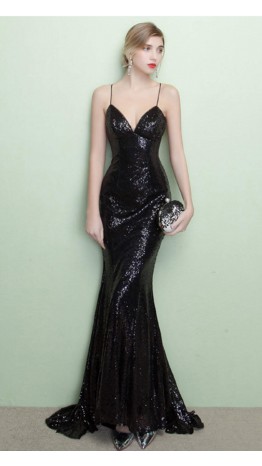 Sequin Long Bustier Black Prom Dresses with Train KSP576
