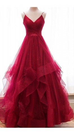 Long Sparkle Sequin Red Prom Gowns with V-neck KSP580