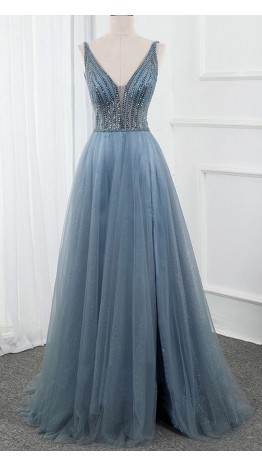 Bluish Gray Sequin Illusion Shimmer Long Prom Gowns KSP587