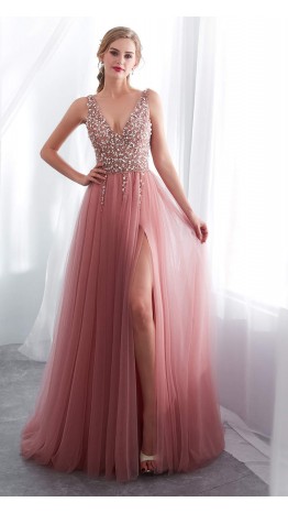 Bedazzled V-neck Long Pink Prom Dresses Slit KSP600