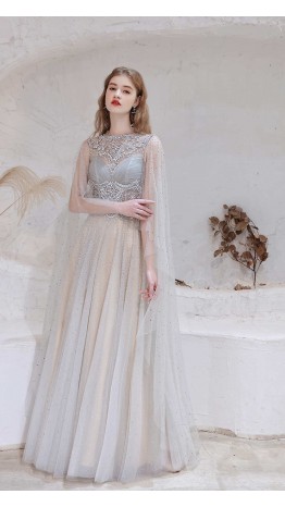 Bedazzled Long Grey Prom Cloak Dresses KSP601