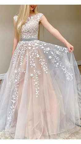 Illusion Neck Appliqued Long Prom Gown Dress KSP609