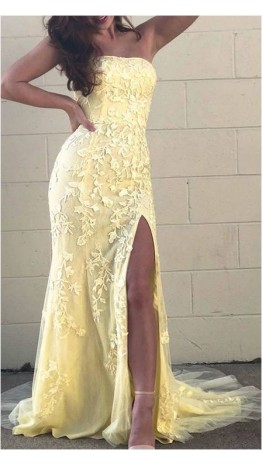 Strapless Yellow Mermaid Prom Dresses Slit KSP610