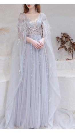 Bedazzled Fringe Opera Cape Grey Prom Dresses Long KSP613