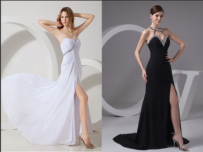 black and white high slit prom gown