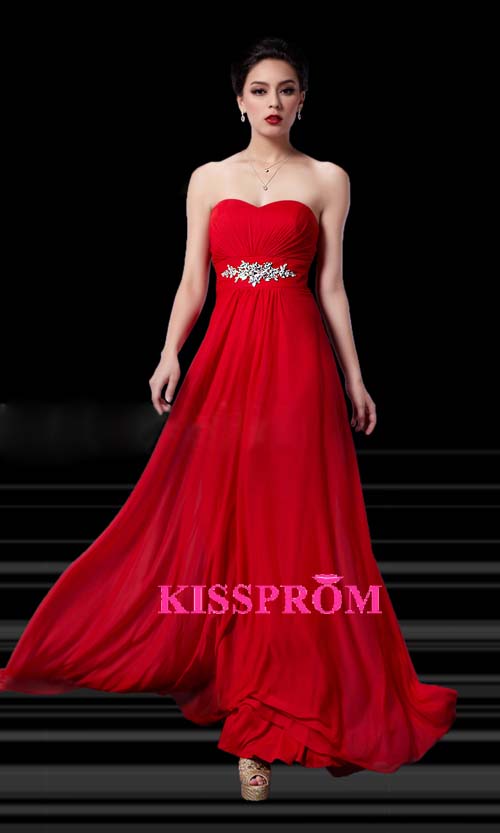 red Aline Chiffon strapless prom dress