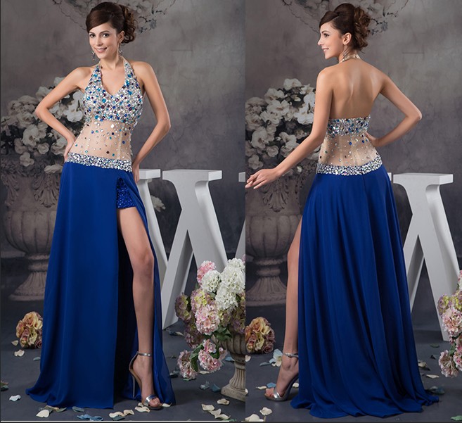 blue sexy long prom dresses