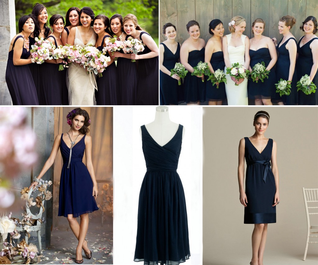 Deep V-neck navy blue bridesmaid dress