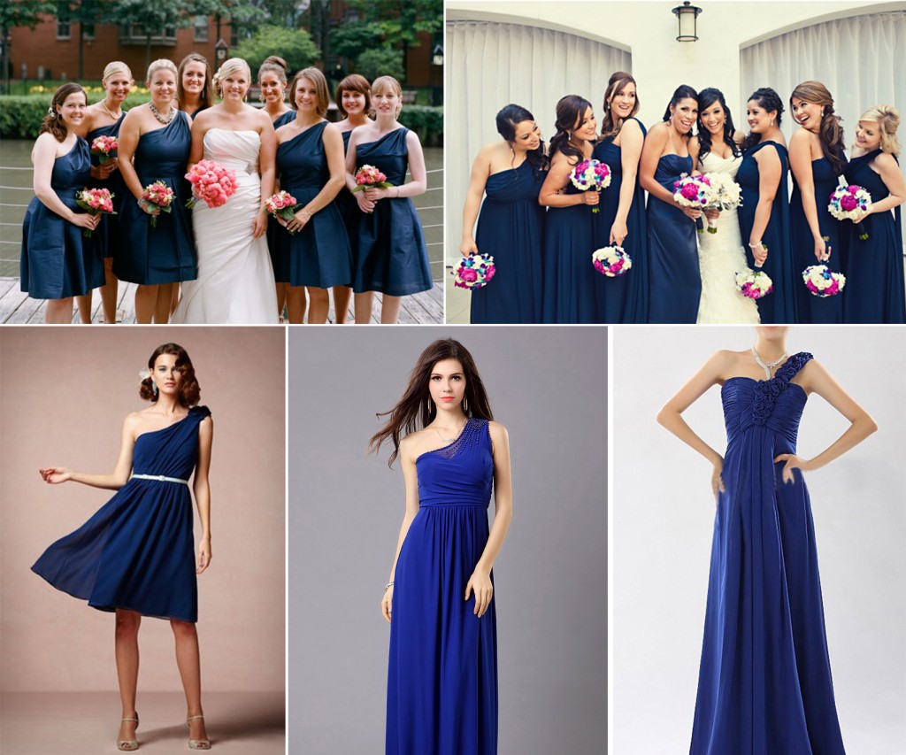 single shoulder navy blue bridesmaid dress