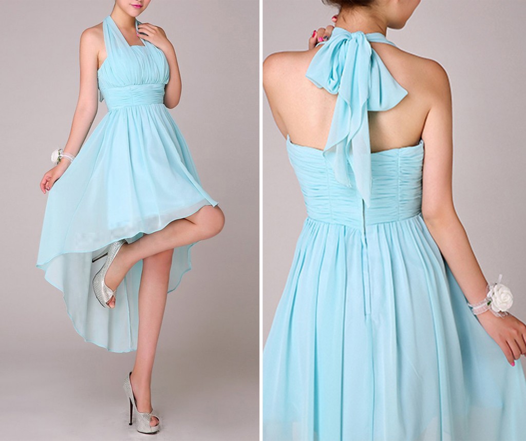 Teal bow knot halter high low bridesmaid dresses