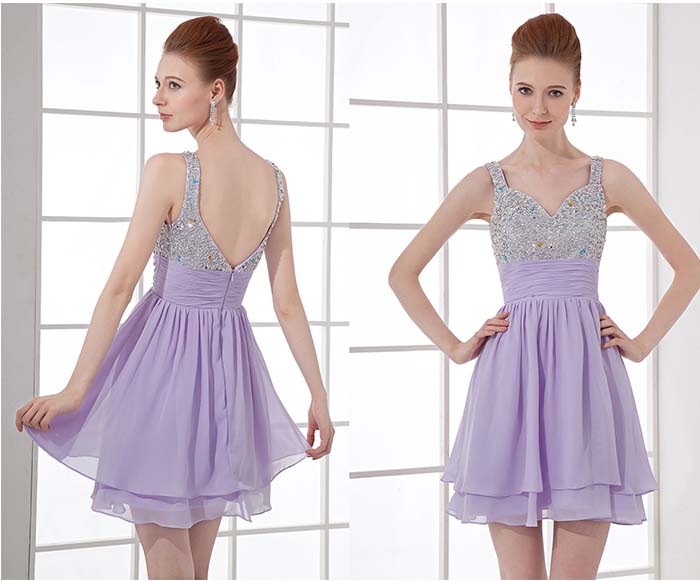 sparkle light purple sequin straps short graduation dress KSP321