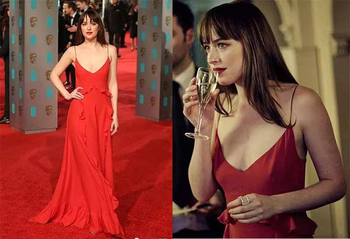 Dakota Johnson in red dresses