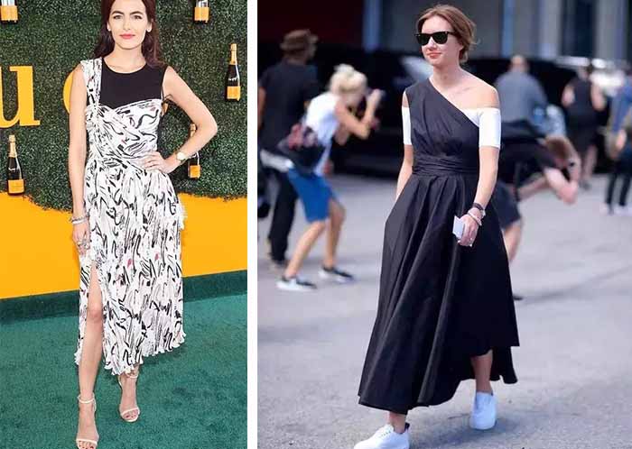 wear Tee inside one shoulder off dress