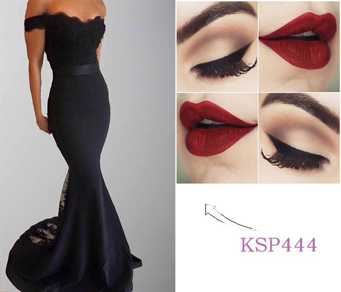 navy blue lace prom dresses with red lips