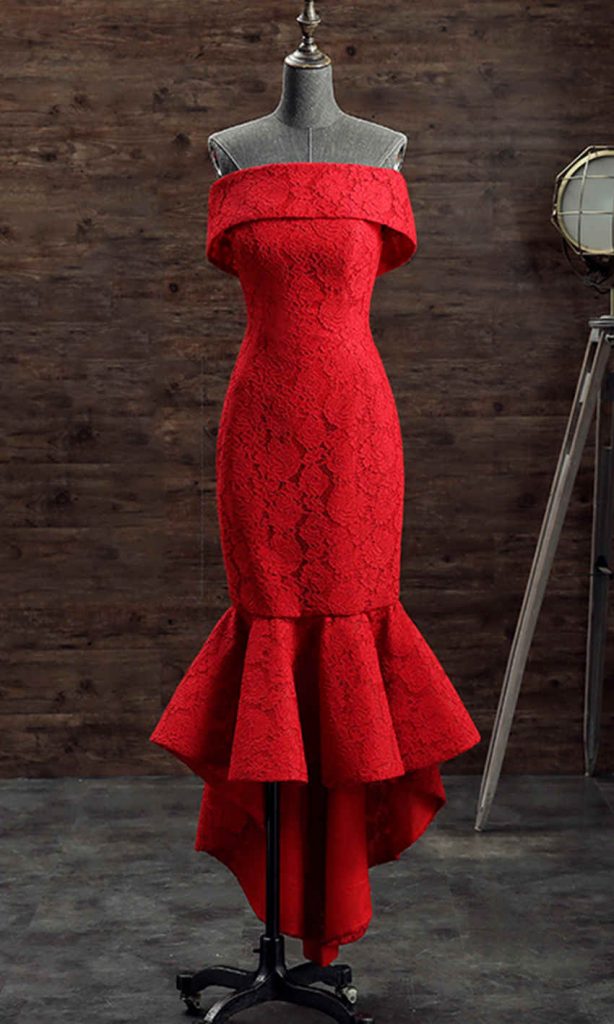  Off Shoulder Red Lace Short Mermaid Prom Dresses KSP492