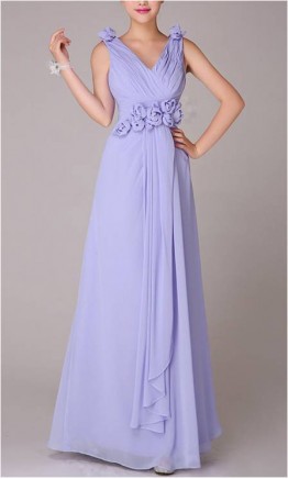 Flowers V-neck Long Lavender Bridesmaid Dresses KSP079