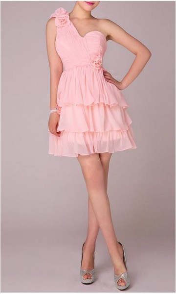 Shocking One Shoulder Layered Pink Barbie's Prom Dress KSP088