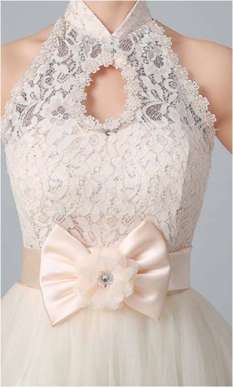 Short Lace Bridesmaid Dresses High Keyhole Neck KSP431